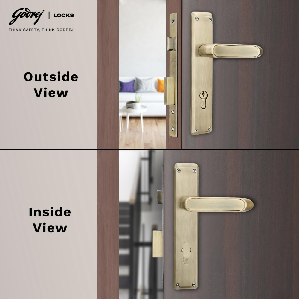 Godrej Mortise Lock|Handle Lock Set for Main & Internal Door of Home & Offices|NEH 21|Antique Brass Finish|10 inch Lockbody|60 mm Cylinder Key from Outside knob from Inside & 3 Keys|5 Years Warranty